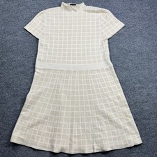 Tahari Mock Neck Sweater Dress Women XL Beige Cream Short Sleeve Windowpane