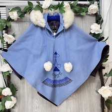 Cape Poncho Cloak Fur Hooded Wool Blue Medium Northern Sun Vintage Coat