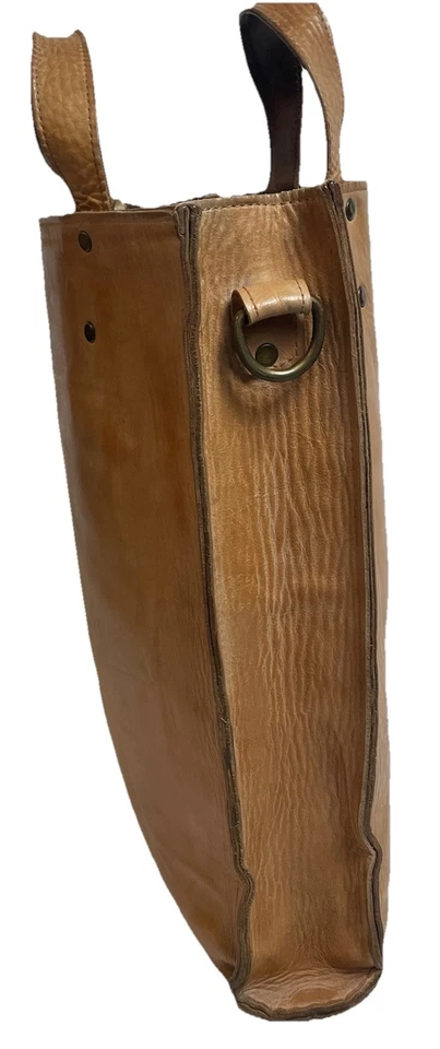 Vtg Handmade Genuine Leather Shoppers Tote Handbag Crossbody Strap Large Sturdy - Image 3 of 4