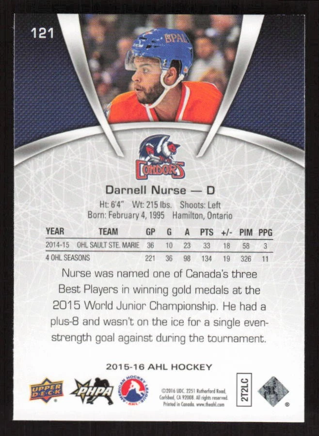 2015-16 Upper Deck AHL #121 Darnell Nurse - Image 2 of 2