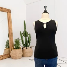 White House Black Market Womens L Sleeveless Ring Keyhole Neck Stretch Top Black