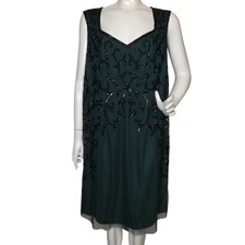 ADRIANNA PAPELL Evening Dress, 16W, Dark Green, Mesh/Beaded, Sleeveless, Zip