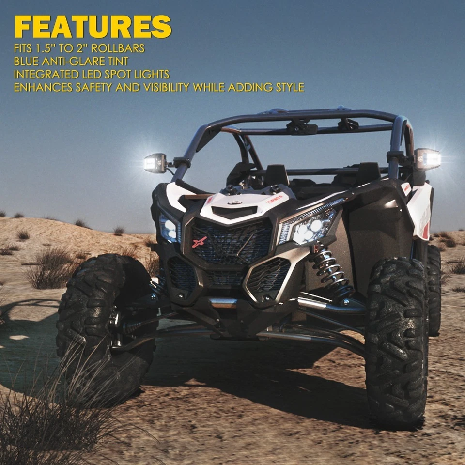 Aluminium UTV Side View Mirrors LED Spot Lights Smoked for 1.5"-2" Roll Bar Cage Foto 2 de 4