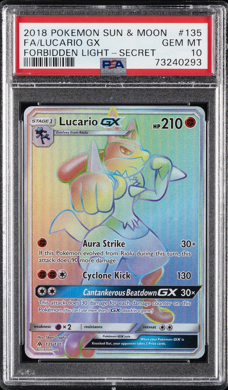 2018 POKEMON SUN & MOON FORBIDDEN LIGHT SECRET #135 FULL ART/LUCARIO GX PSA 10