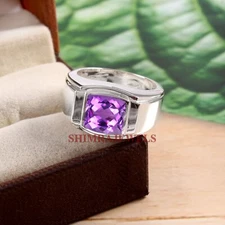 Natural Amethyst Gemstone With 14K White Gold Plated Silver Ring for Men's #1224