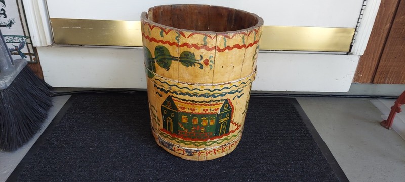 1800's Primitive Wood Amish Scene 13" FIRKIN Bucket OLD MILK PAINT Pa, Dutch