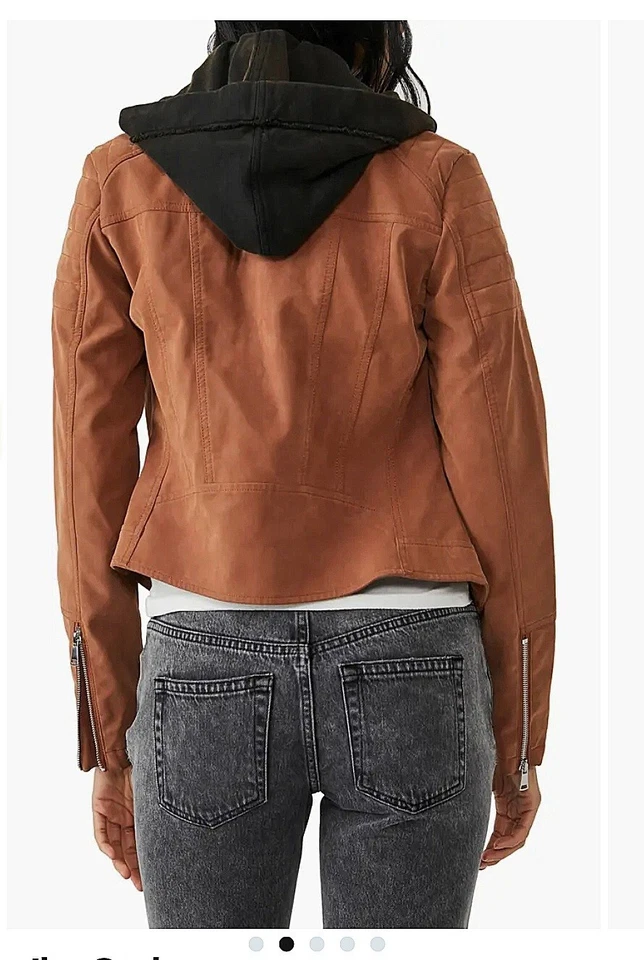 NWT $198 Free People Lg Harriet Hooded Vegan Leather Moto Jacket Chocolate - Image 3 of 4