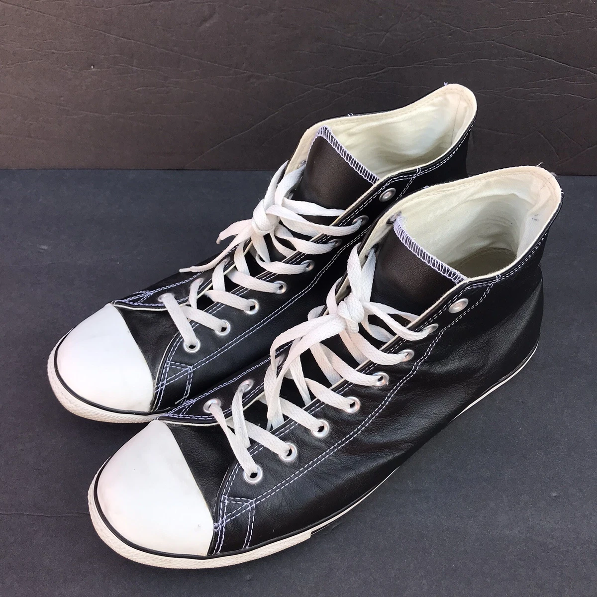 Dårlig skæbne Bevægelig Slutning Converse All Star Chuck Taylor Black Leather Slim High Tops Men Size 13  Women 15 | eBay