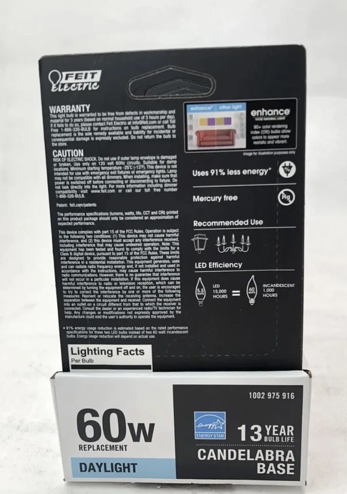 Feit Electric C10 E12 (Candelabra) LED Bulb Daylight 60 Watt Equival - 6 Pack - Image 2 of 3
