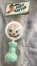Vintage Baby Rattle Clown Face Blue Handle Hard Plastic New Old Stock 5" Tall