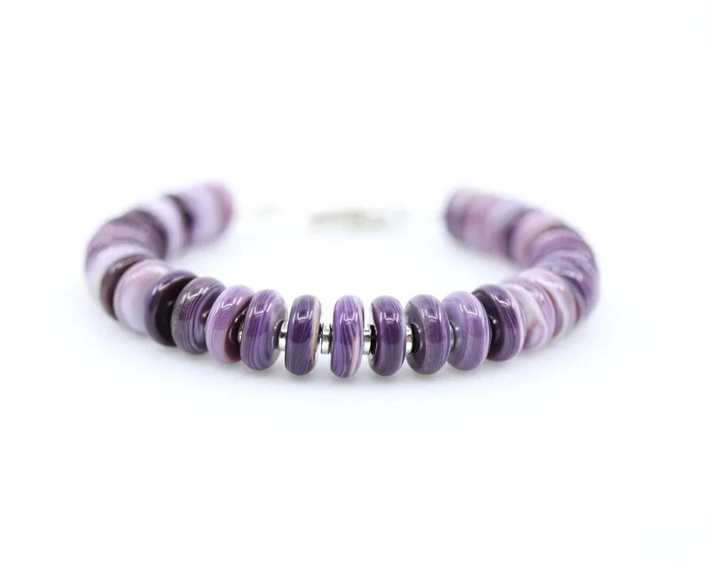 AAA Purple Wampum Quahog Heishi Beaded Shell & Sterling Silver Gemstone Bracelet - Image 3 of 4