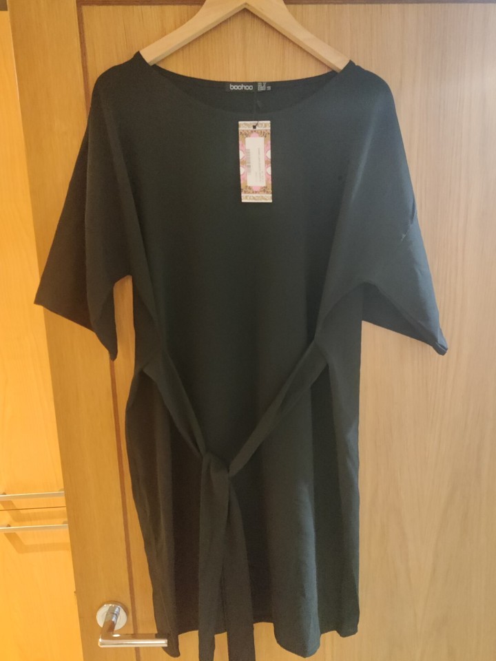 Womens Boohoo Black Shift Dress Tie Back Belt UK Size 12 New with