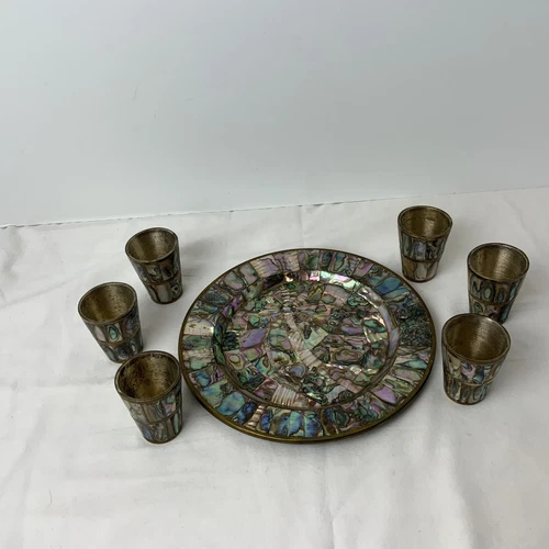 VTG 1950’s Mother Of Pearl Abalone Brass Shot Glass Set Of 6 Ed Laton & Plate