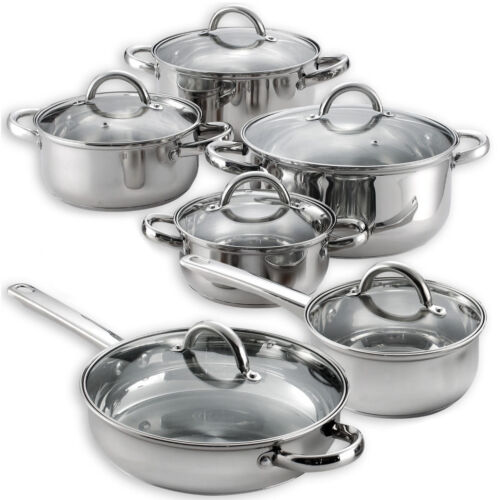 Heim's 12 Pieces Cooking Pots and Pans Kitchen Stainless Steel Cookware Set Lids - Picture 1 of 8