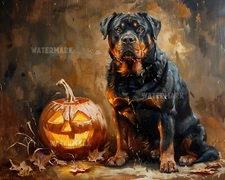 8x10 Matte Print Rottweiler and Jack-o-Lantern