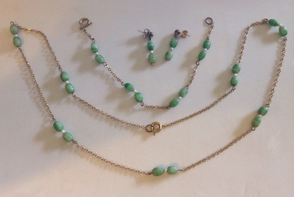 ВИНТАЖНЫЙ ожерелье браслет серьги комплект синий зеленый бирюзовый бисер GF золото заполненный - Изображение 2 из 4