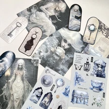 Lady in White Ghost Stickers Halloween Tag Paper Set Junk Journal Collage