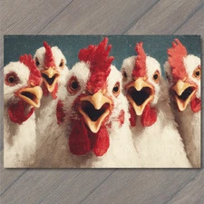 Art Print Funny Chickens Close Up Farm Hens Clucking Faces Humor Rustic Country