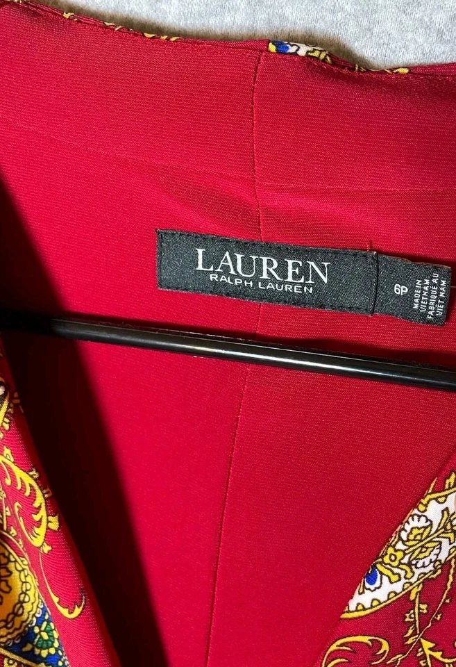 Lauren Ralph Lauren Faux Wrap Jersey Dress Size 6 Petite Paisley Pleated Holiday - Image 2 of 4