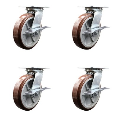 8 Inch Heavy Duty Polyurethane Caster Set with Roller Bearings and Brakes SCC