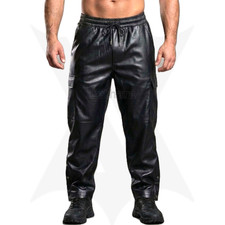 Soft Cow Leather Cargo Pants Men Baggy Fit Bootcut Trousers 6 Pockets