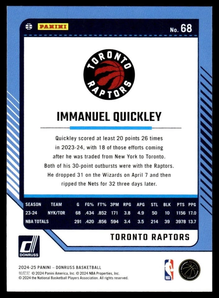 2024-25 Donruss Immanuel Quickley Toronto Raptors #68 - Image 2 of 2