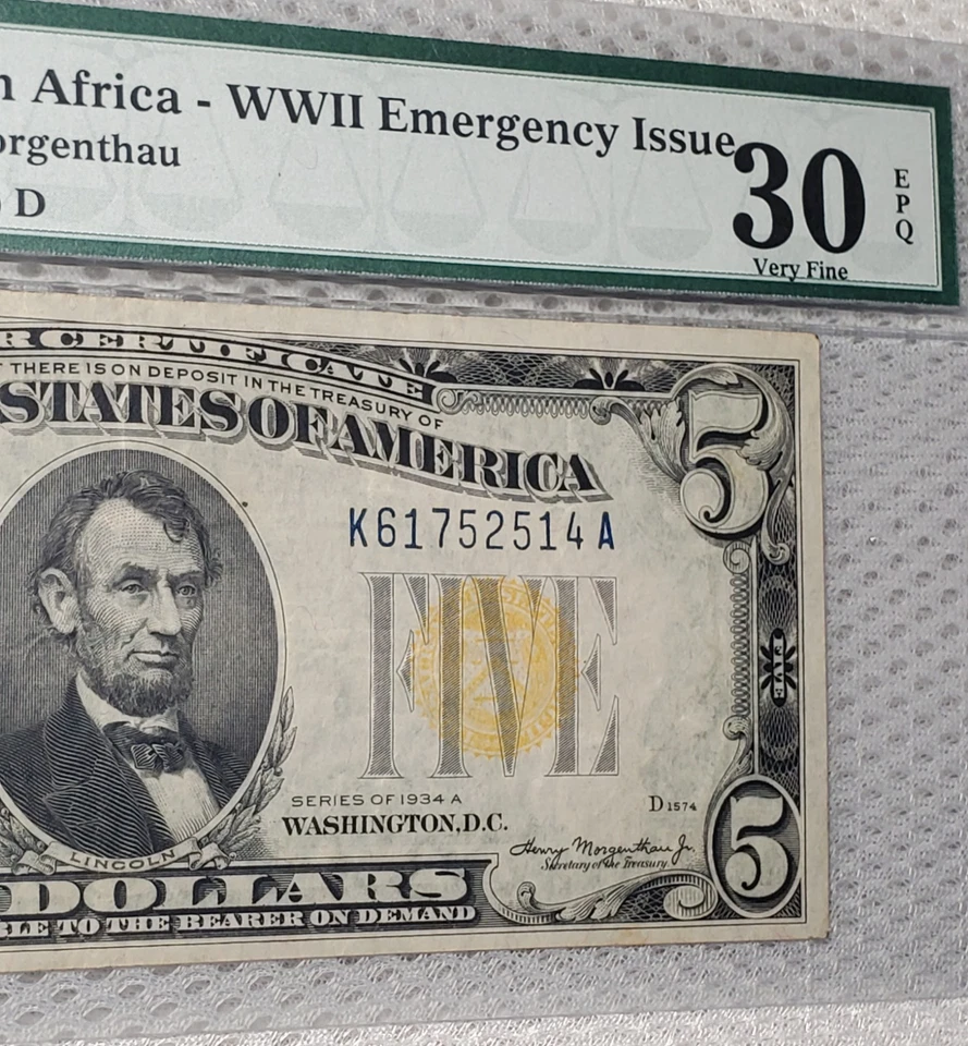 1934 A $5 NORTH AFRICA Silver Certificate PMG 30 EPQ WWII Emergency Issue - Image 2 of 4