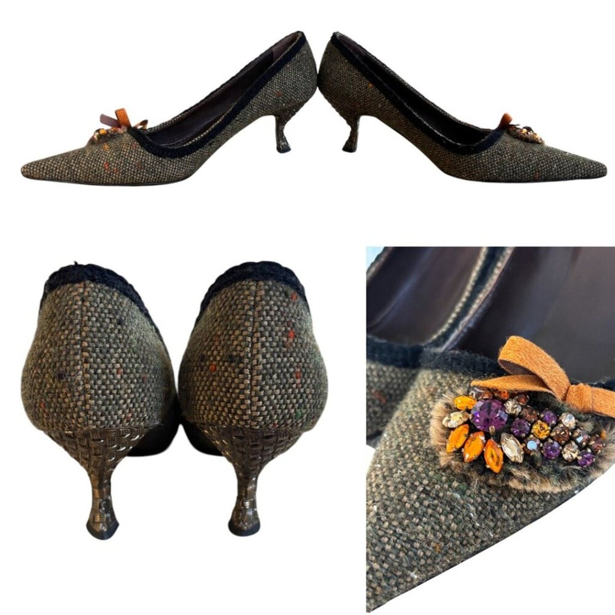 vtg. y2k 2000's Prada Jeweled Brown Pointed toe kitten Heels