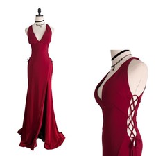Y2K Jovani Prom Dress Maxi Gown 4 Red Corset Mermaid Lace Up Vamp Glam Drama