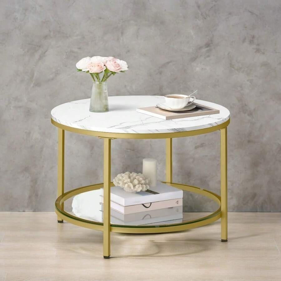2-Tier Round Coffee Table with Faux Marble Top & Glass Shelf, Modern Living Room