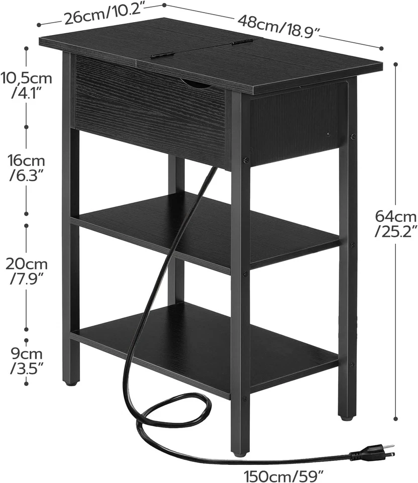 Side Table End Table w/Charging Station Nightstand 18.9” x 10.2” x 25.2” Black - Image 4 of 4