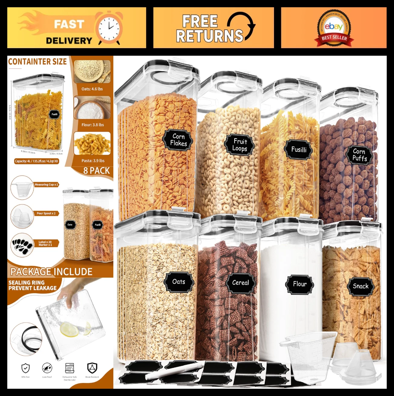 Airtight Cereal Storage Containers Set, 8PCS Food Storage with Lids & Pour Spout