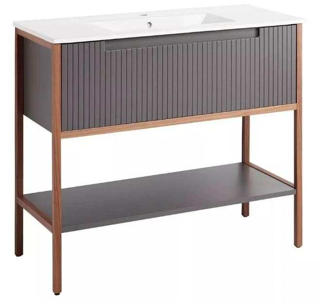 Nuevo tocador consola Bisbee 40" gris ceniza apagada - con marco de roble cálido por firma Foto 2 de 4