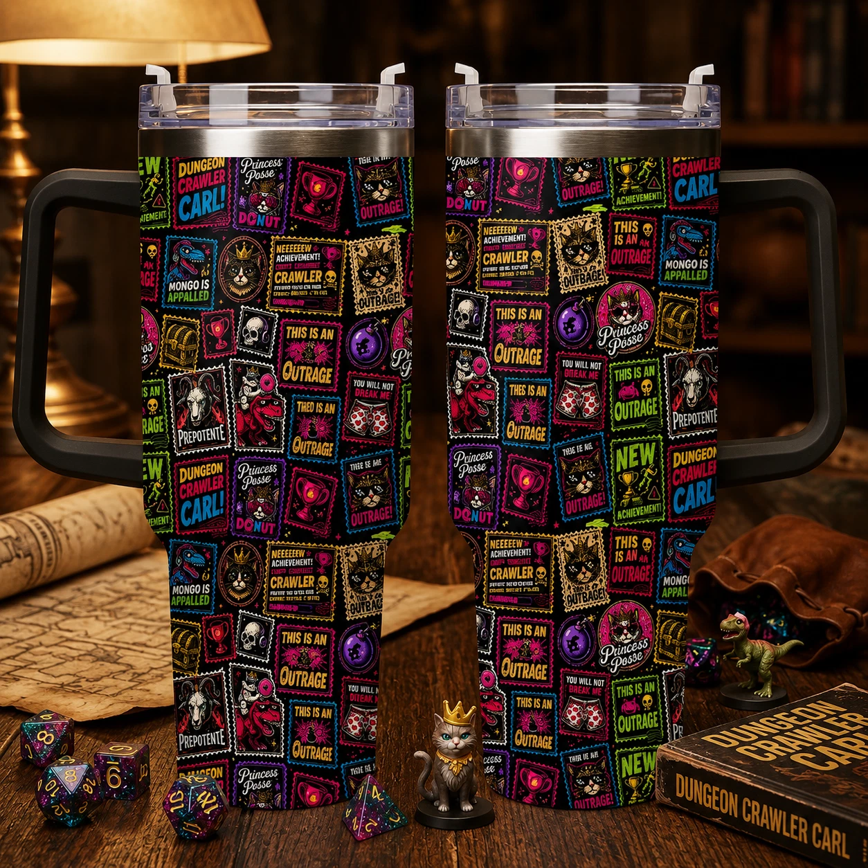 Funny This Is An Outrage 40oz Tumbler – Dungeon Crawler Carl Donut & Mongo Stain