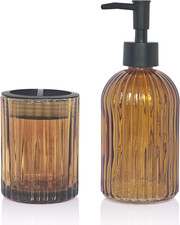 2 Pcs Amber Brown Bathroom Accessories Set, Glass Bathroom Set, Soap Dispenser,