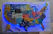 LARGE LED LIGHTED 3-D USA LICENSE PLATE MAP ART - Metal Wall Art- ALL 50 STATES 