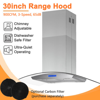 30inch island Mount Range Hood 900CFM Button/Touch Control LED Ducted/Ductless