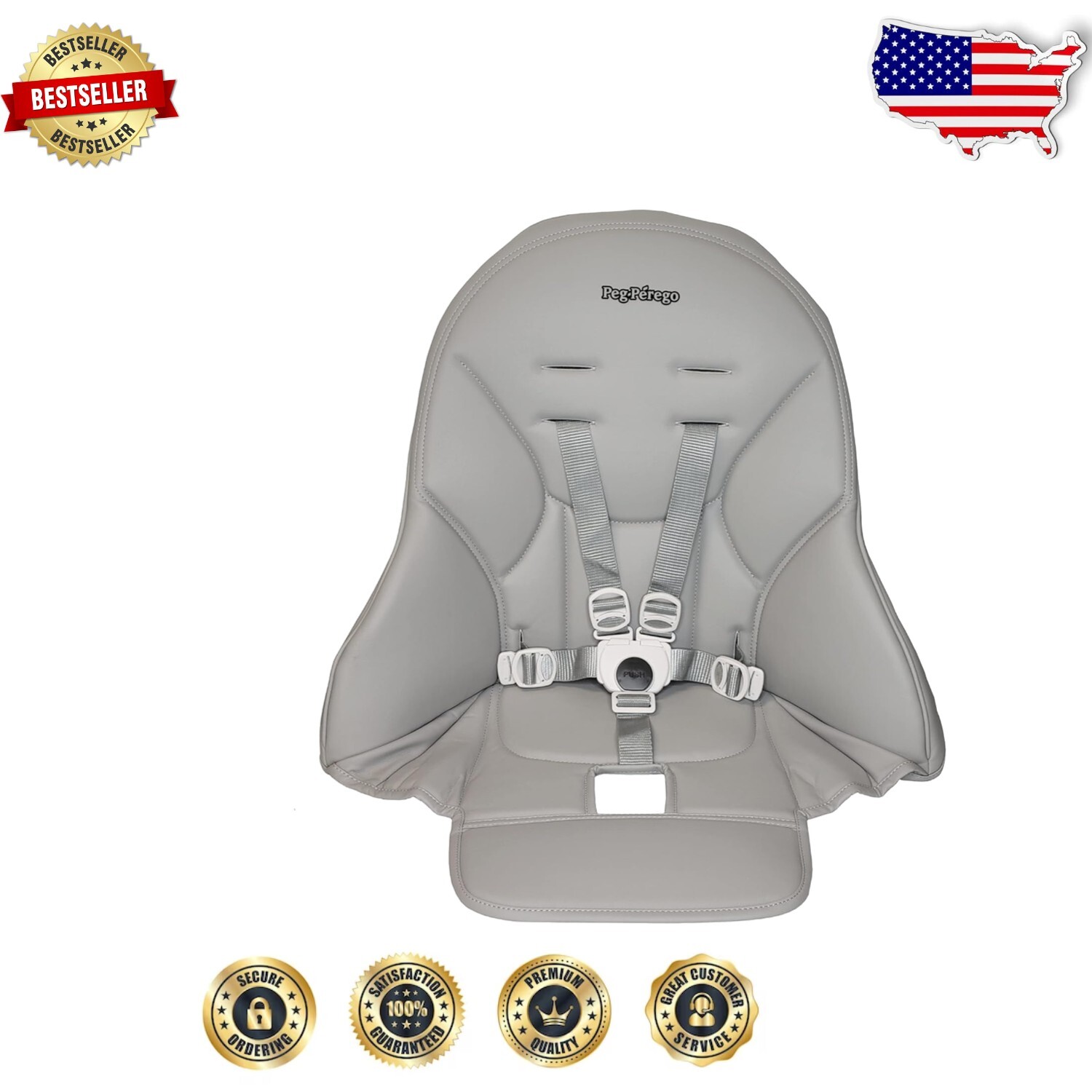 Hygienic Eco-Leather High Chair Replacement Cover with Safety Harness – Ice Grey