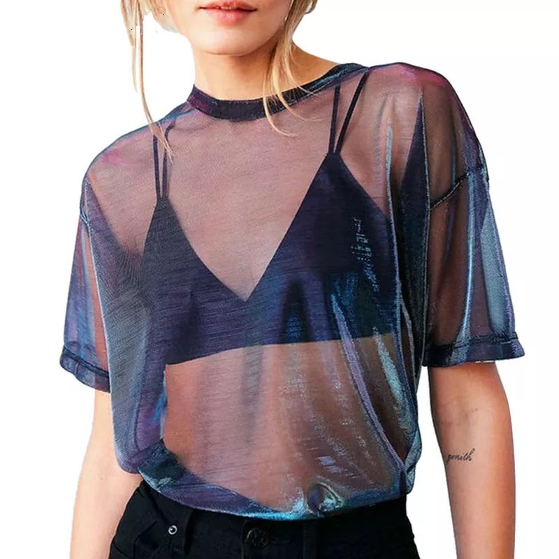 Women Girls Mesh Sheer Crop Top Short Sleeve Transparent T-Shirt Blouse Tee  Tops