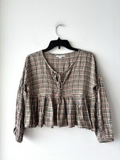 O?Neill Top Long Sleeve Orange Plaid Ruffle Oversized Womens XS Farm Boho Hippie