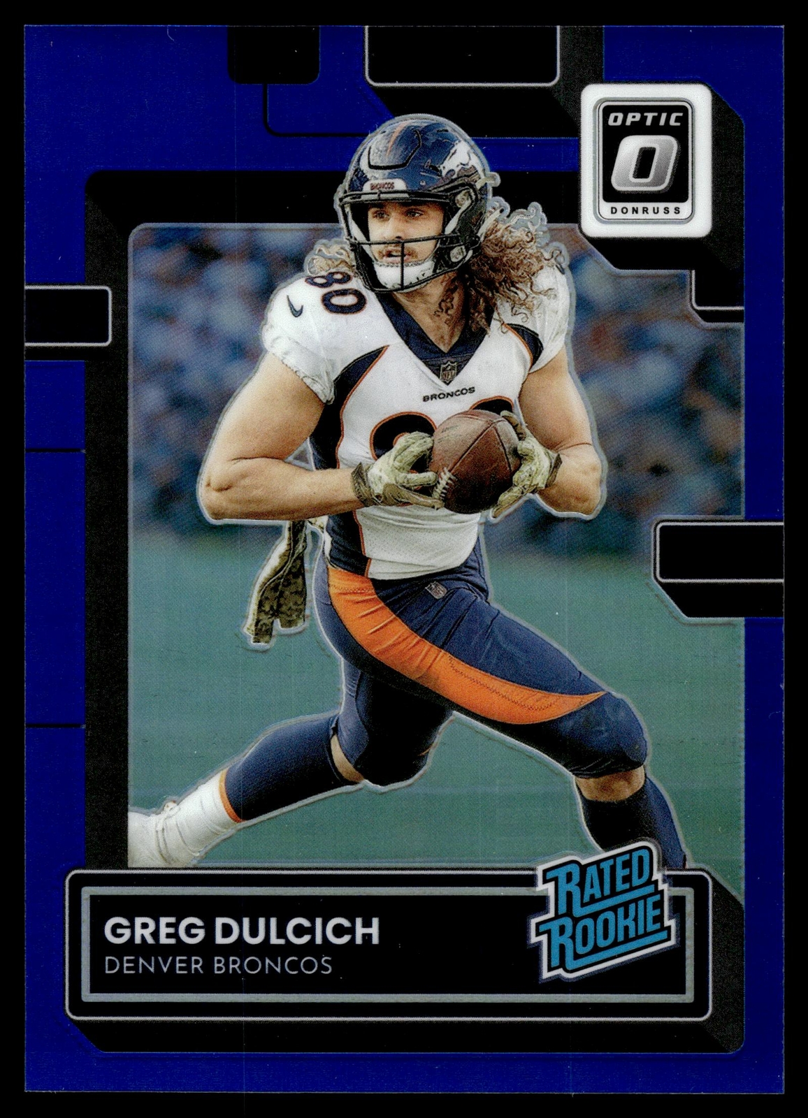 2022 Donruss Optic 288 Greg Dulcich Broncos SN RC Blue Prizm /179