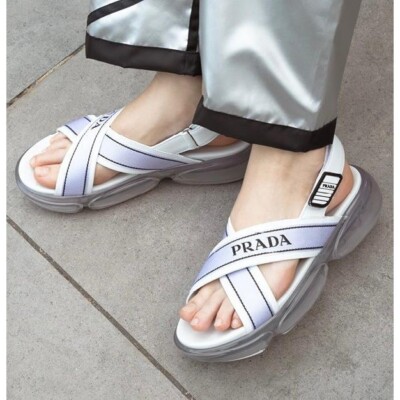 PRADA Cloudburst White Strappy 'Prada' Logo Platform Sandals Size