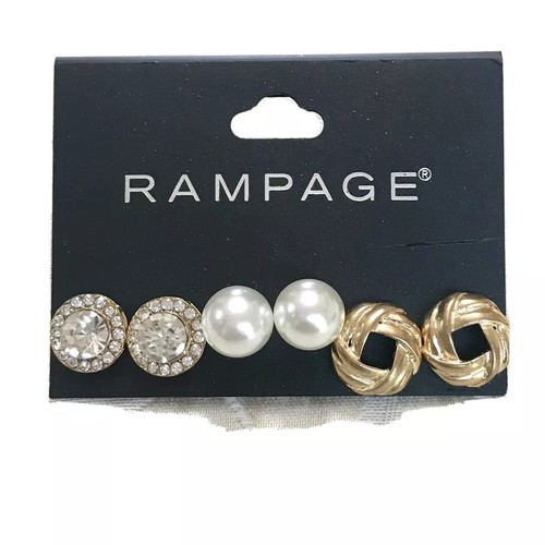 Rampage Earrings 3 Pair Set Pierce Stud Gold Tone Faux Pearl Bling ...