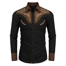 Men's Western Cowboy Shirt Long Sleeve Retro Printing Casual Buttons Down Shirt