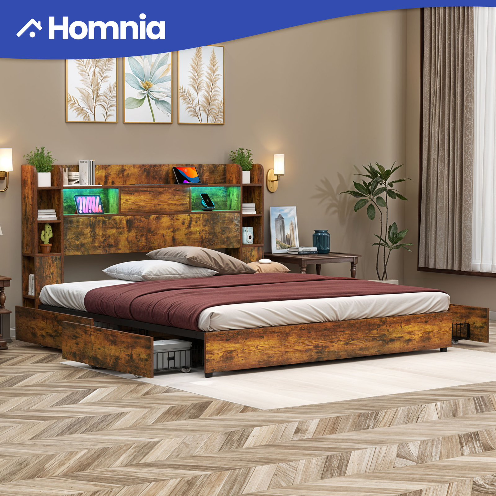 King Size Bed Frame 89x77.5 with Charging Station & LED Ambient Lighting