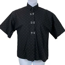 Vintage Blouse Sz Large Button Up Top Polka Dot Black White Bows FLAW Sostanza