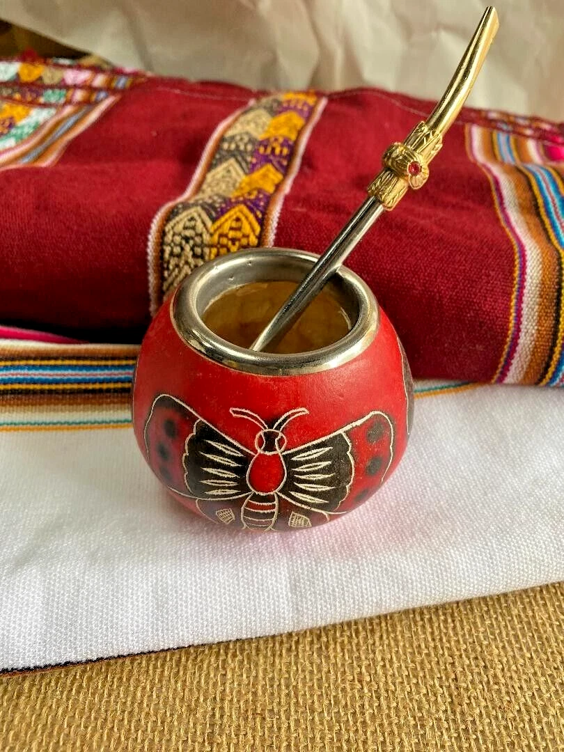 MATE GOURD/BOMBILLA SET CUP AND STRAW TO DRINK YERBA MATE MADE IN PERU AU SELLER