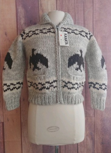 Kanata Hand Knit Cowichan Cardigan Thunderbird Sweater Unisex Heavy Wool Kids - Picture 12 of 16
