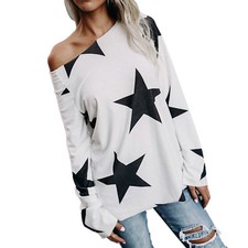 Women's Long Sleeve One Off Shoulder Tee Shirt Top Star Print Pullover Blouse