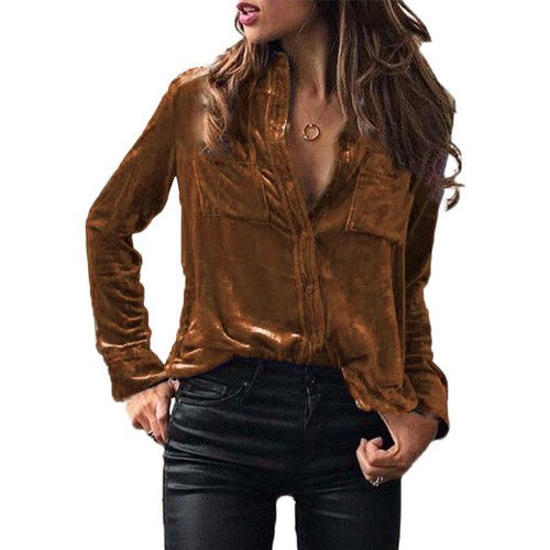Women Elegant Velvet Long Sleeve Top Button Down Shirt OL Pockets Vogue Blouse - Picture 15 of 17